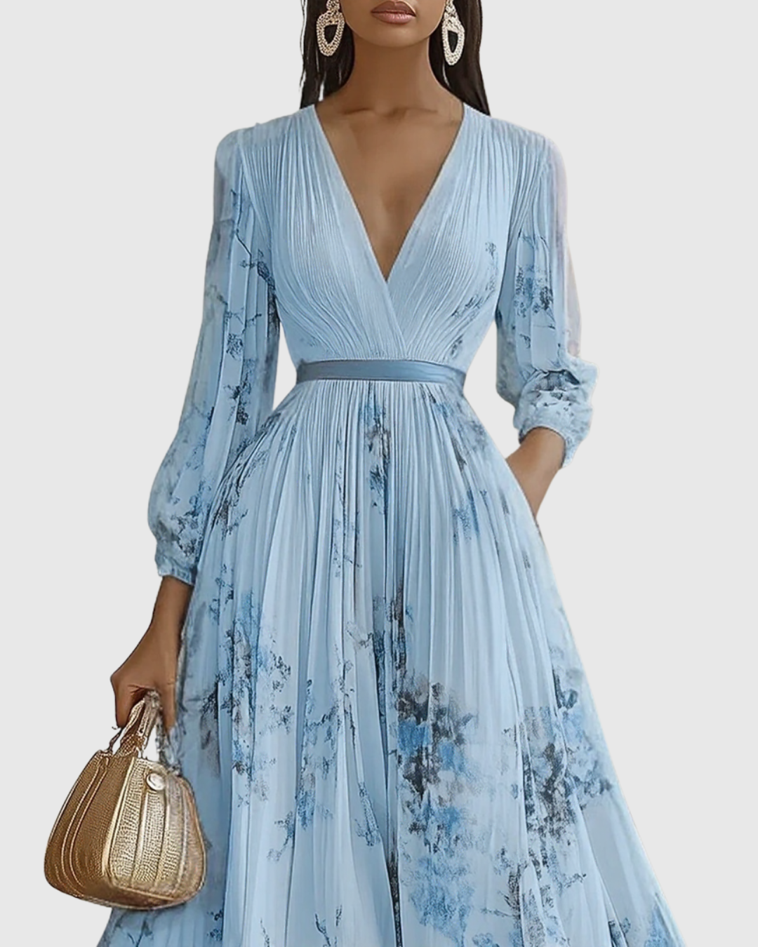 Adelaide Pleated Floral V-Neck Long Sleeve Maxi Dress