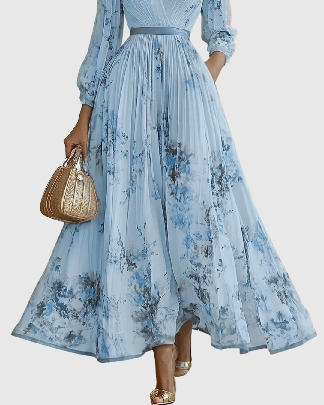 Adelaide Pleated Floral V-Neck Long Sleeve Maxi Dress