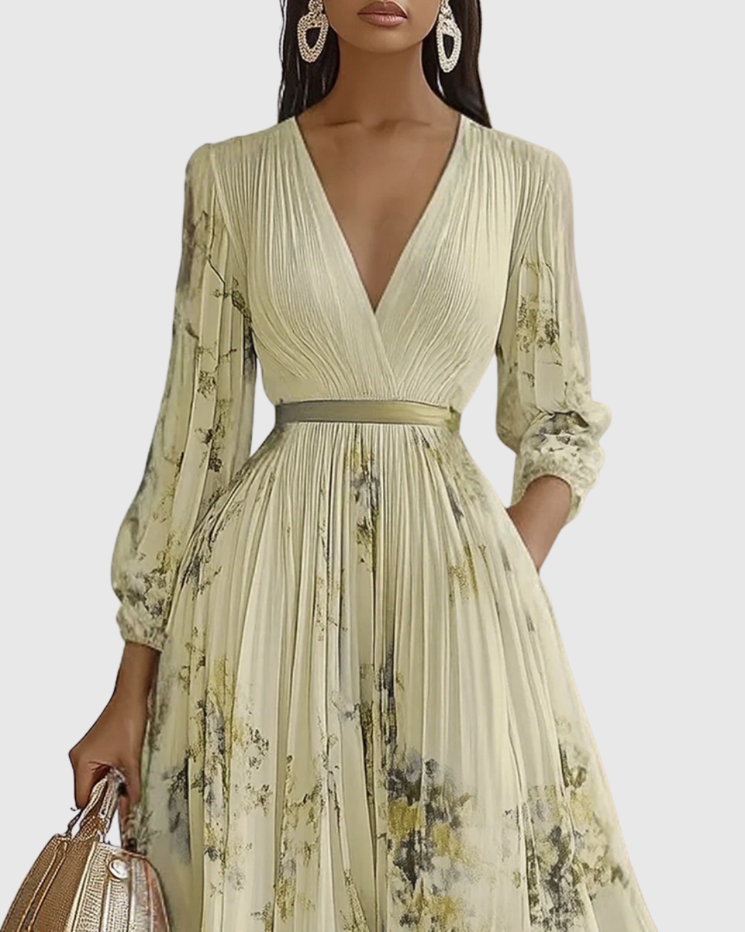 Adelaide Pleated Floral V-Neck Long Sleeve Maxi Dress