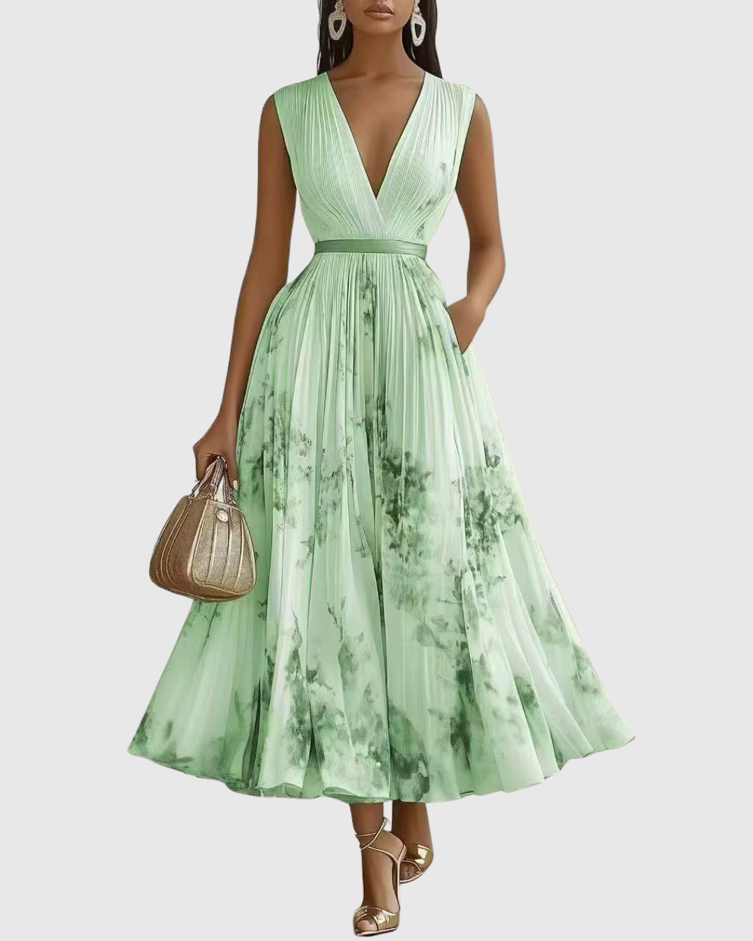 Adelaide Pleated Floral V-Neck Long Sleeve Maxi Dress in Green