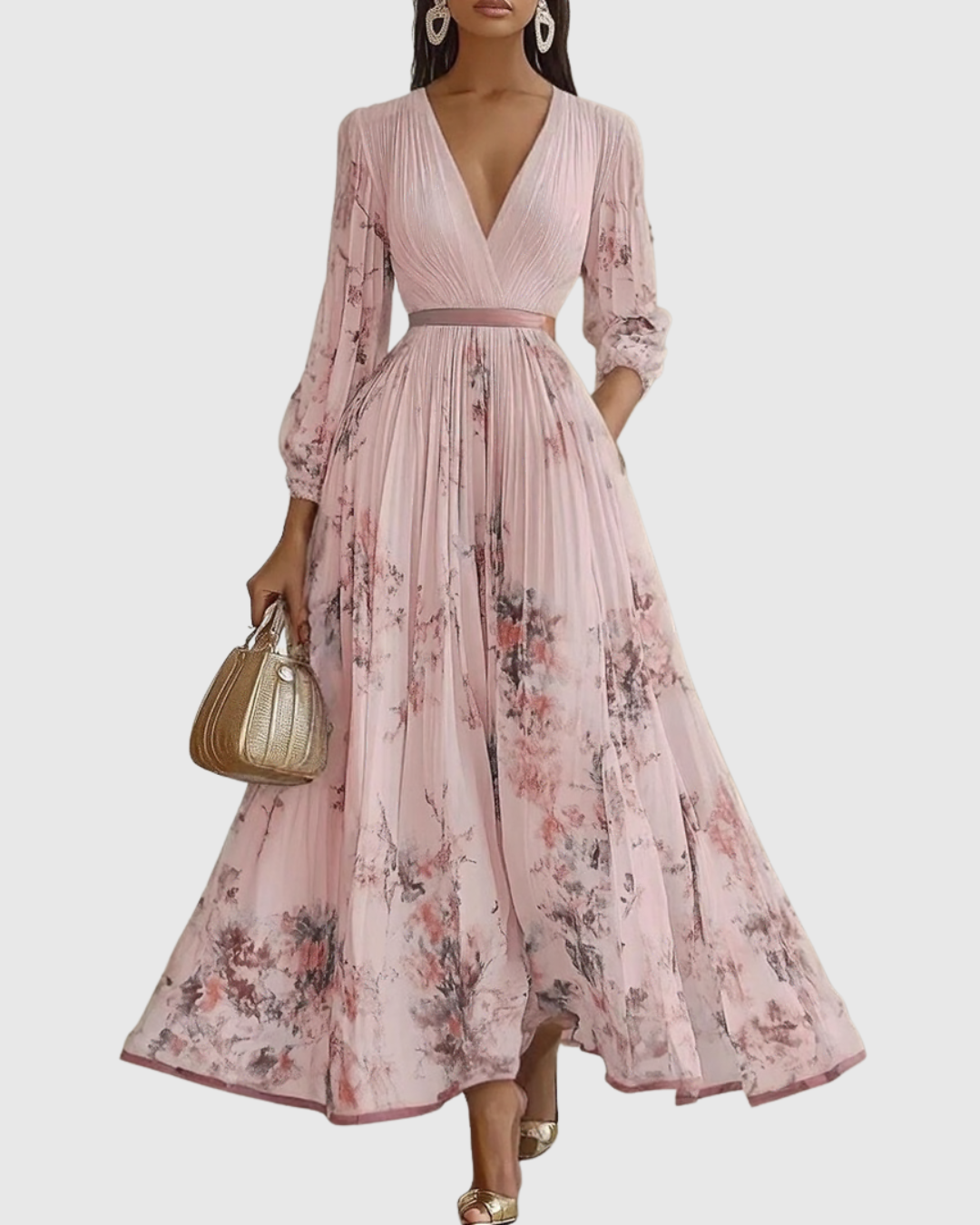 Adelaide Pleated Floral V-Neck Long Sleeve Maxi Dress in Pink