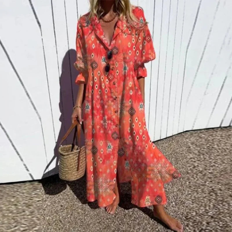 Catherine Boho Floral Long Sleeve Maxi Dress in Red
