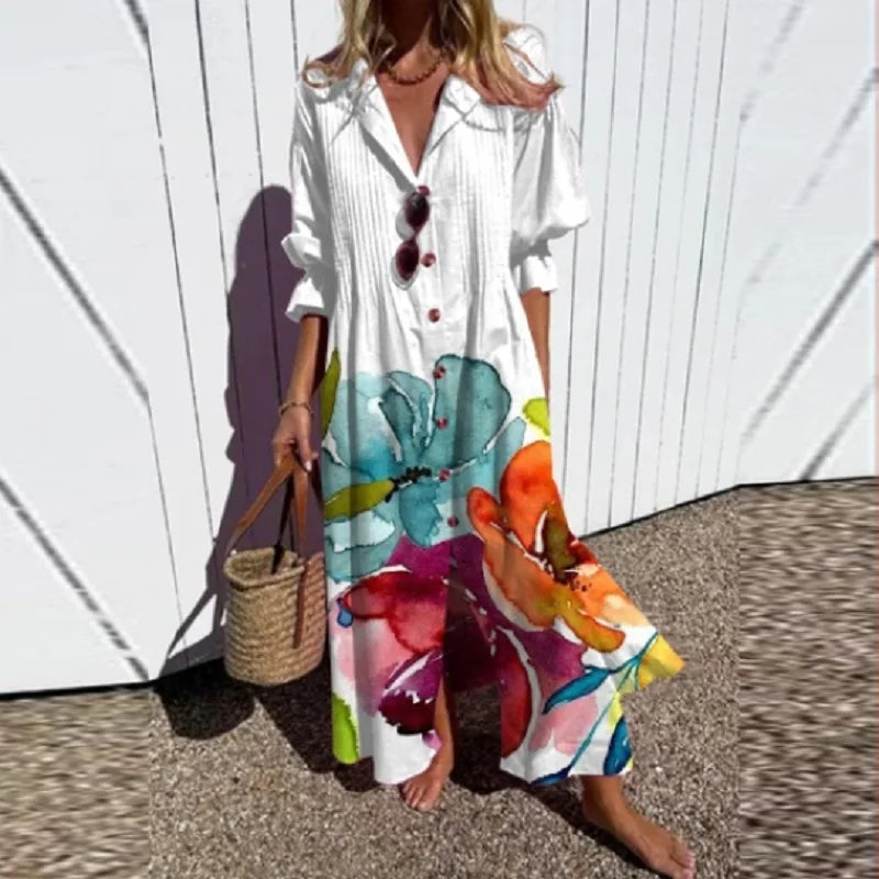 Catherine Boho Floral Long Sleeve Maxi Dress in White