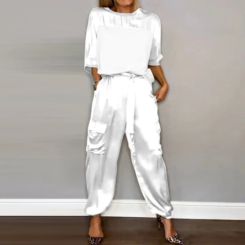 Charlotte Plus-Size Two-Piece Cargo Pants Set in White