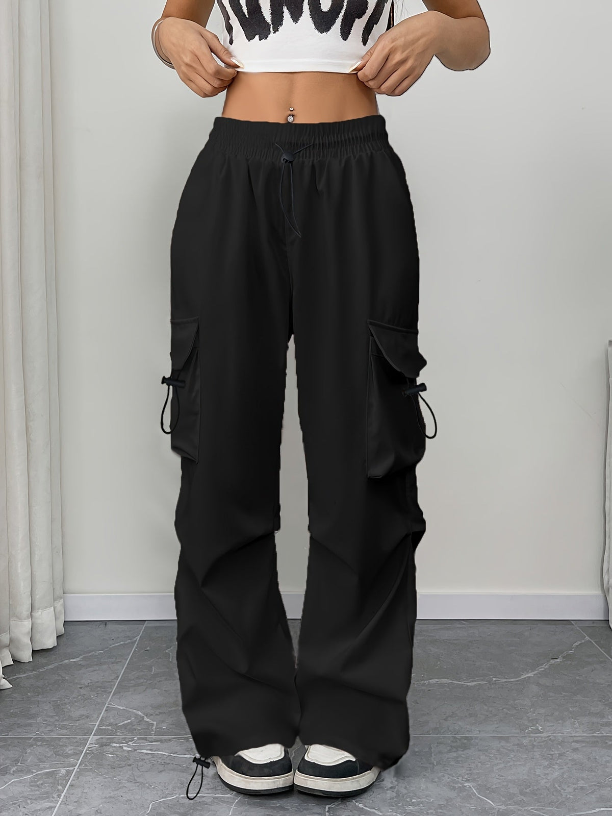 Chloe Wide-Leg Cargo Drawstring Pants in Black