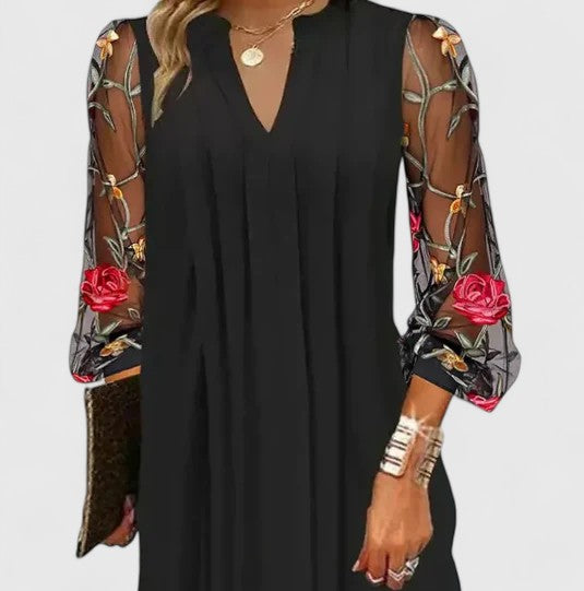 Donna V-Neck Sheer-Sleeve Mini Dress