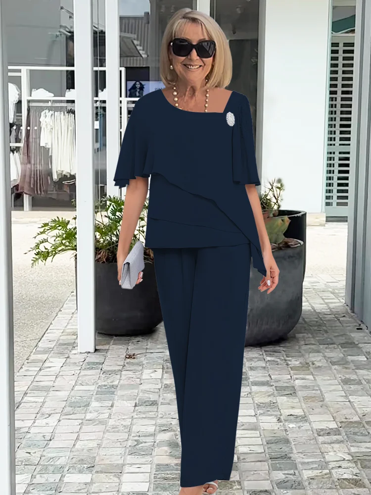 Elizabeth Draped-Top Two-Piece Pants Set in Navy Blue