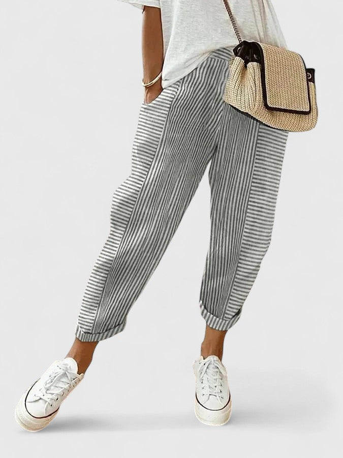 Elvira Stretch-Waistband Pants with Side Pockets in Light Gray