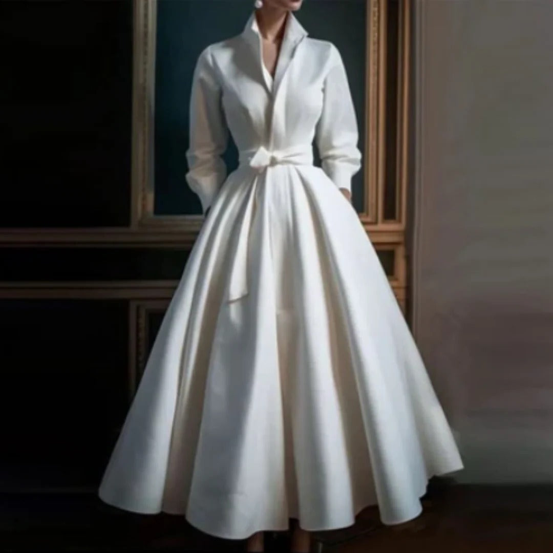 Isabella Long Sleeve V-Neck A-Line Midi Dress in White
