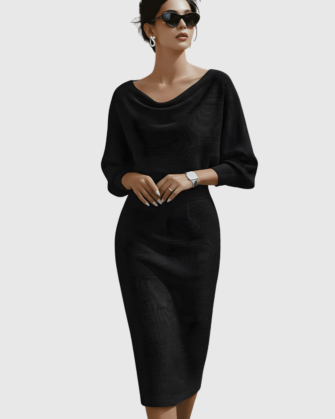 Ismeria Cowl-Neck Batwing Midi Dress in Black