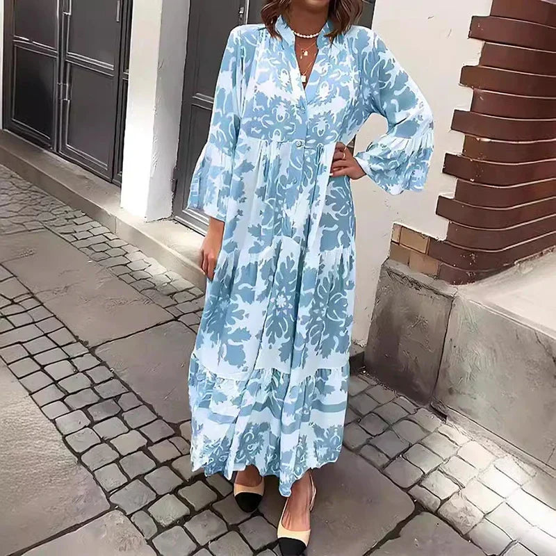 Kate Boho Printed Long Sleeve Midi Dress in Blue