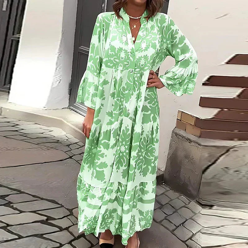 Kate Boho Printed Long Sleeve Midi Dress in Green