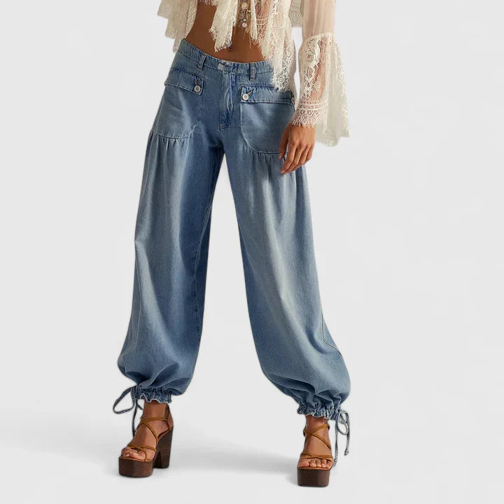 Lani Wide-Leg Pleated-Pocket Pants in Light Blue
