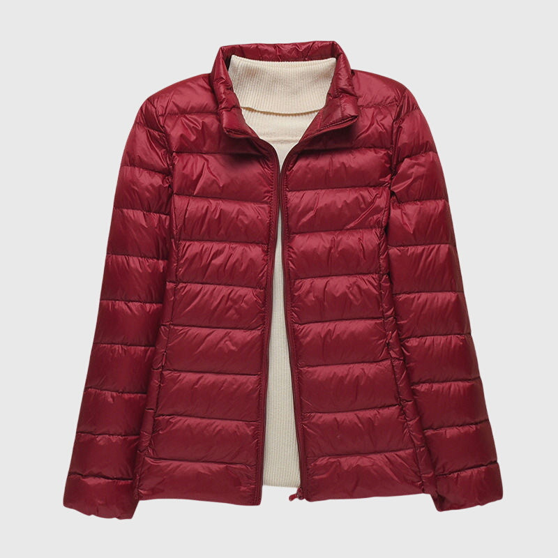 Lily Lightweight Quilted Jacket in Burgundy Stand-up collar