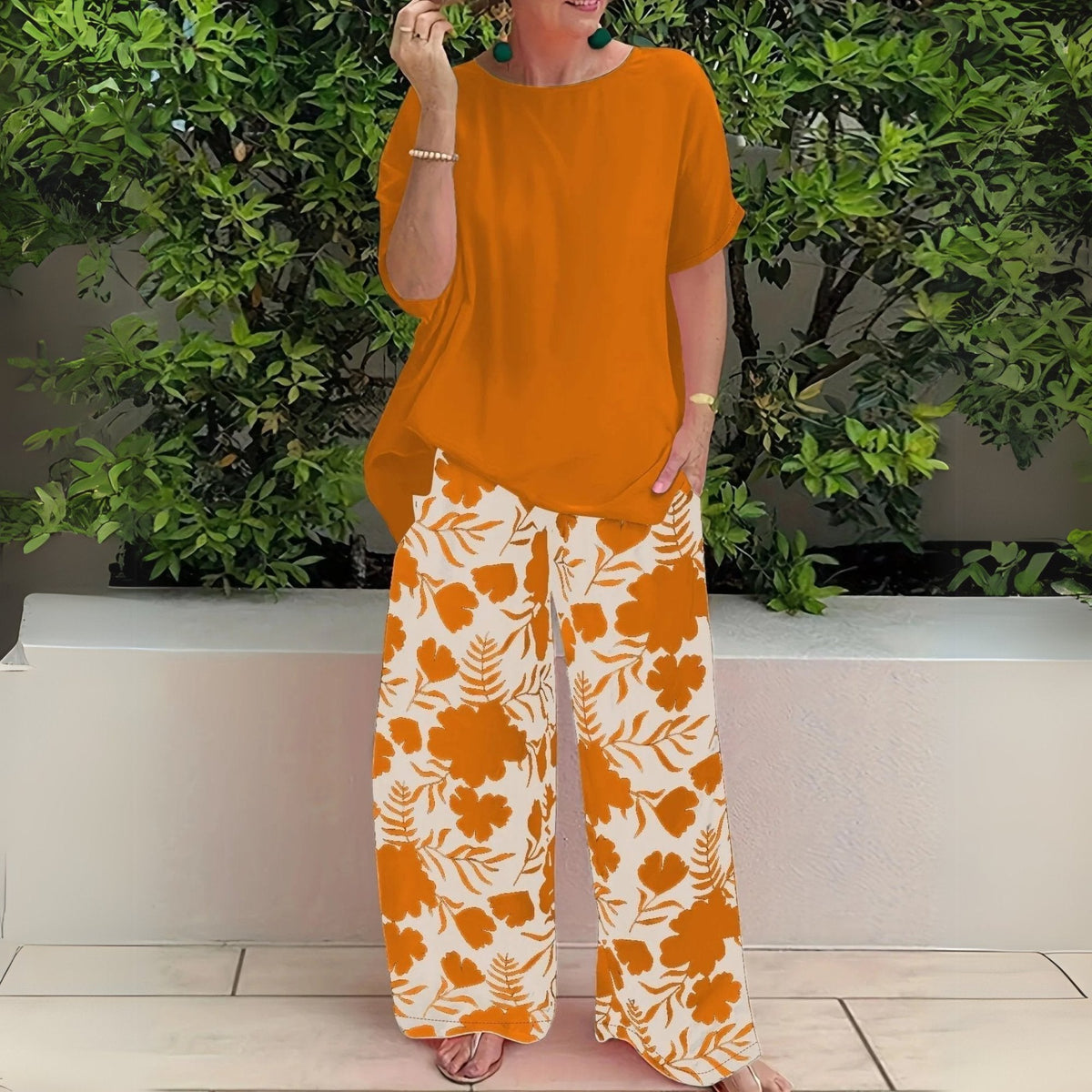 Madison Plus-Size Floral Wide-Leg Pants Set in Mandarin Orange