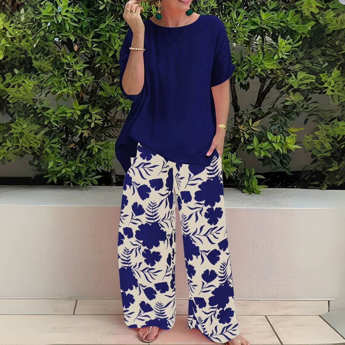 Madison Plus-Size Floral Wide-Leg Pants Set in Navy Blue