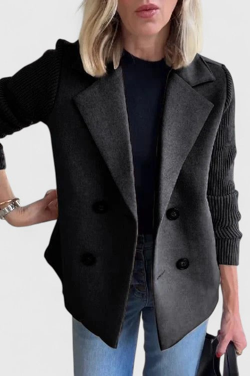 Winslet Double-Breasted Contrast-Sleeve Blazer in Black