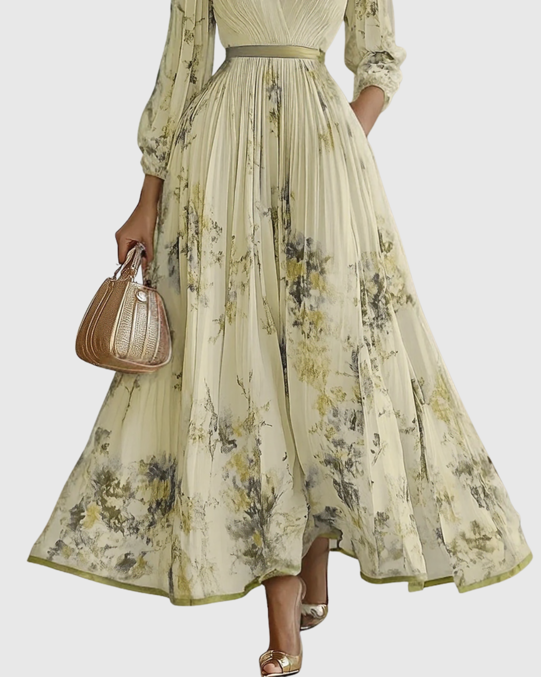 Adelaide Pleated Floral V-Neck Long Sleeve Maxi Dress