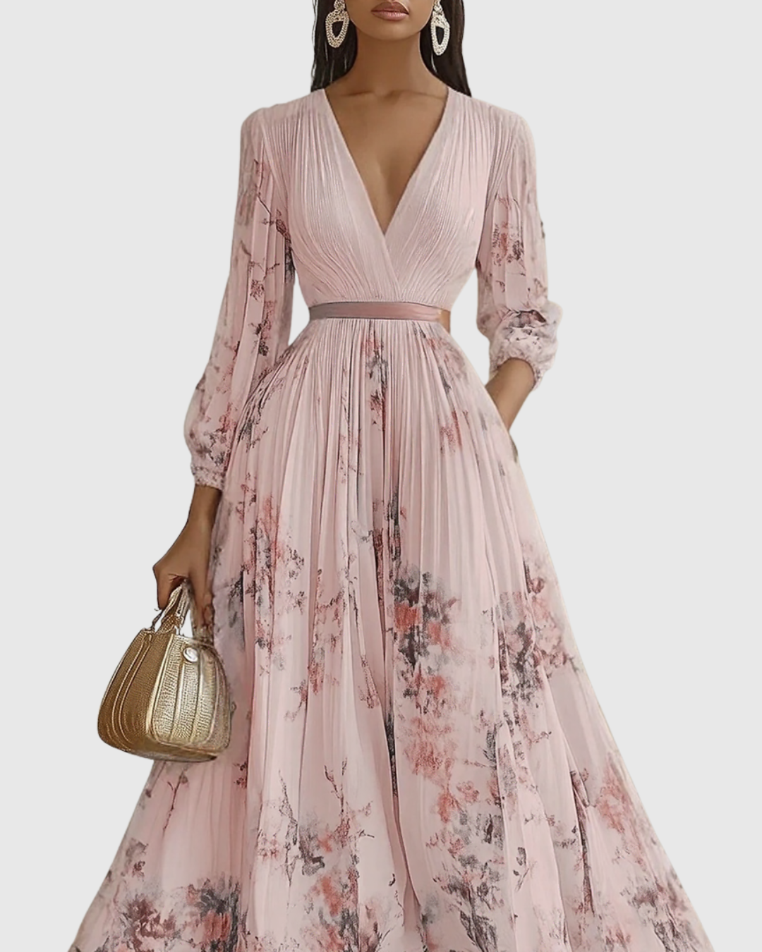 Adelaide Pleated Floral V-Neck Long Sleeve Maxi Dress