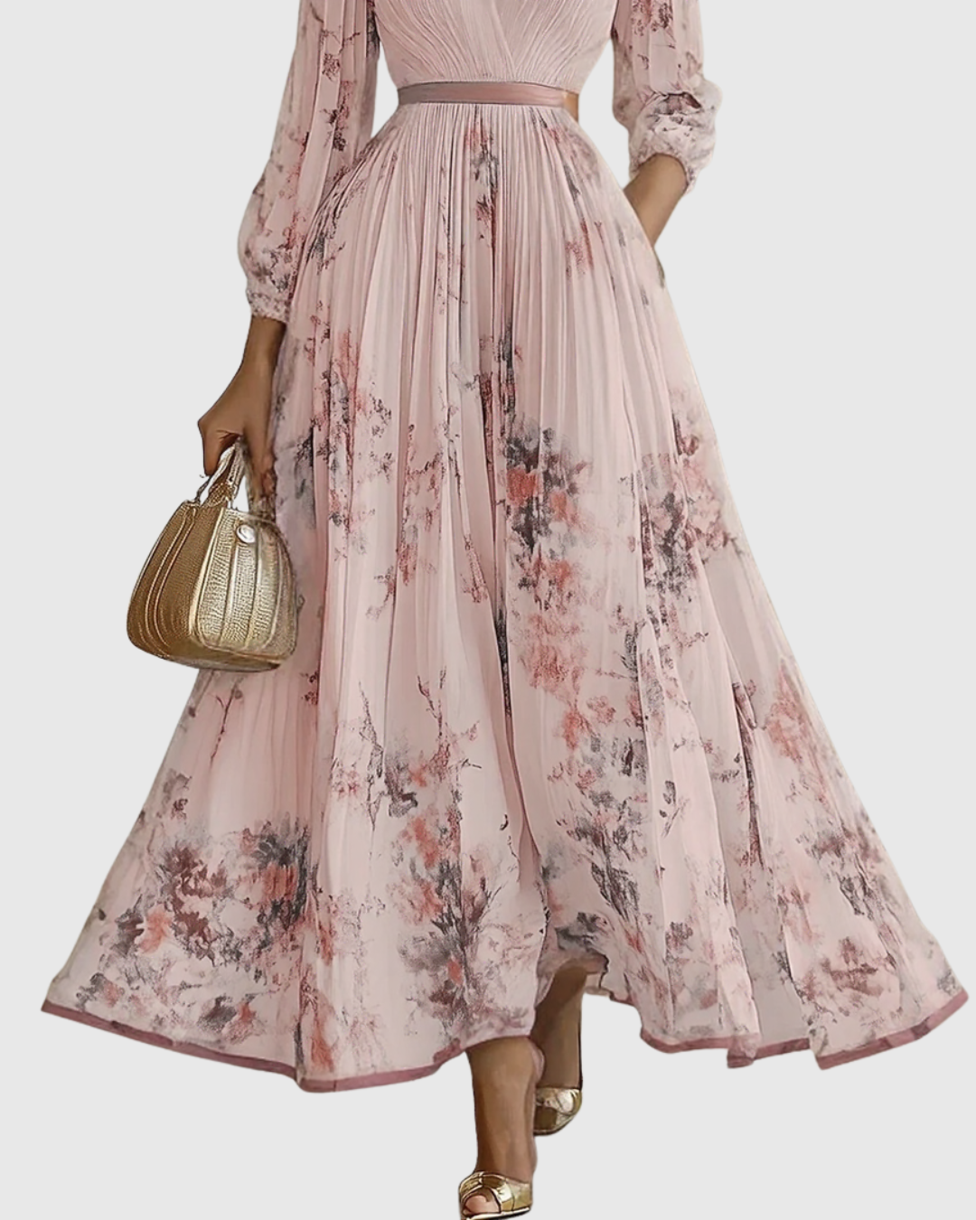 Adelaide Pleated Floral V-Neck Long Sleeve Maxi Dress