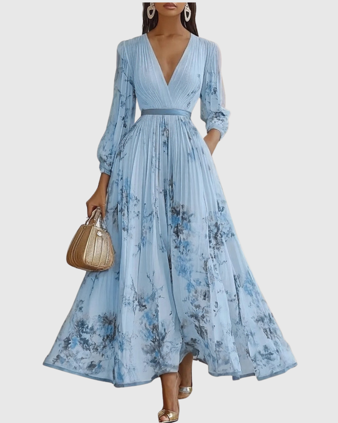 Adelaide Pleated Floral V-Neck Long Sleeve Maxi Dress