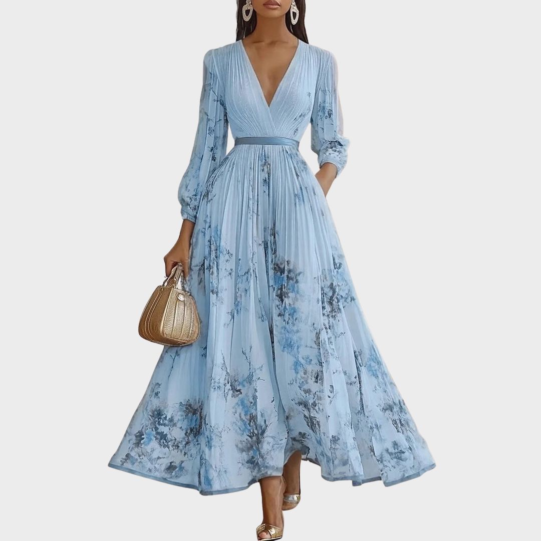Adelaide Pleated Floral V-Neck Long Sleeve Maxi Dress in Blue