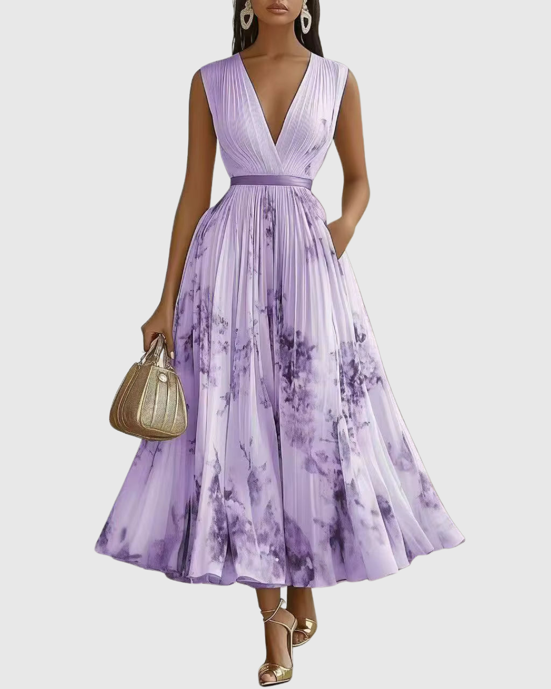 Adelaide Pleated Floral V-Neck Long Sleeve Maxi Dress in Purple