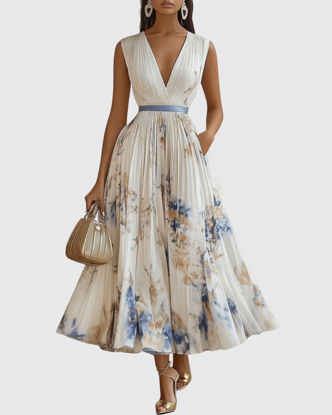 Adelaide Pleated Floral V-Neck Long Sleeve Maxi Dress in White