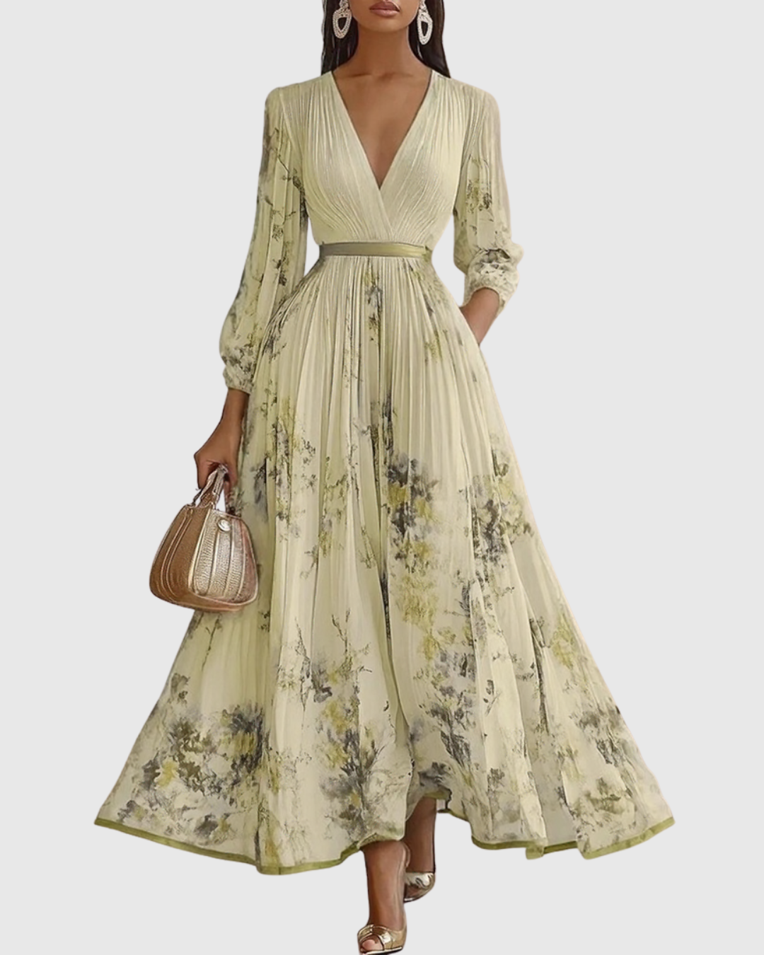 Adelaide Pleated Floral V-Neck Long Sleeve Maxi Dress in Yellow