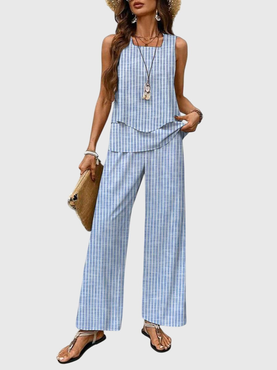 Brenda Square-Neck Loose-Fit Two-Piece Set in Blue Stripes