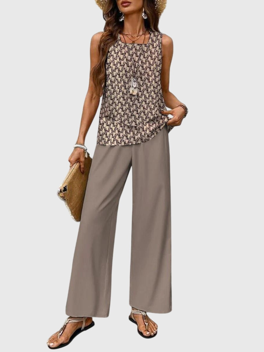Brenda Square-Neck Loose-Fit Two-Piece Set in Khaki
