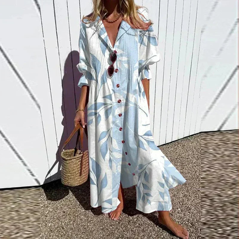 Catherine Boho Floral Long Sleeve Maxi Dress in Light Blue