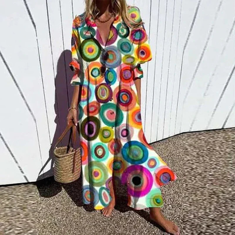 Catherine Boho Floral Long Sleeve Maxi Dress in Multi Circles