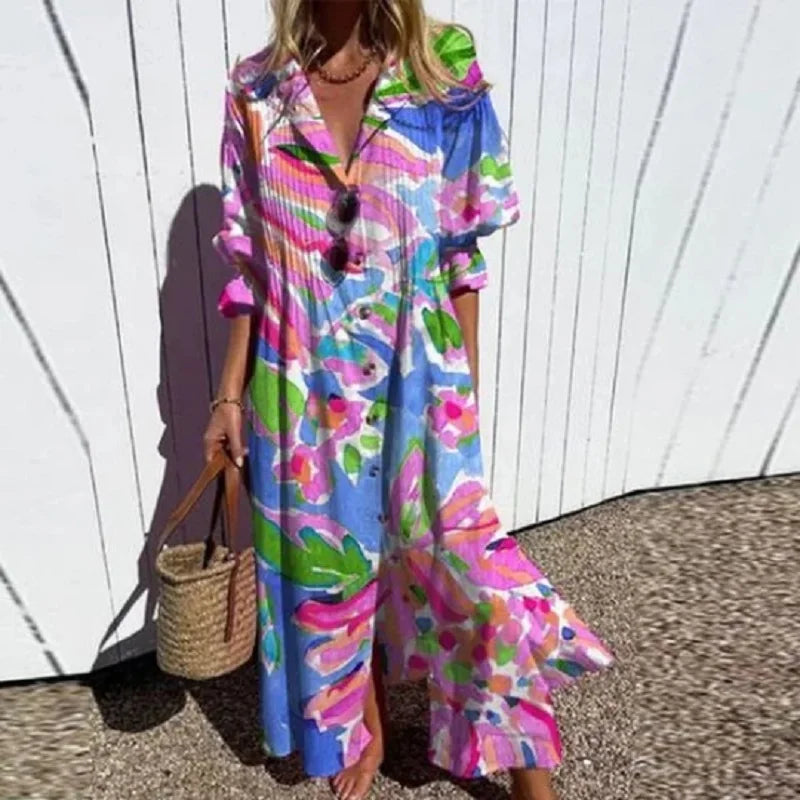 Catherine Boho Floral Long Sleeve Maxi Dress in Pink