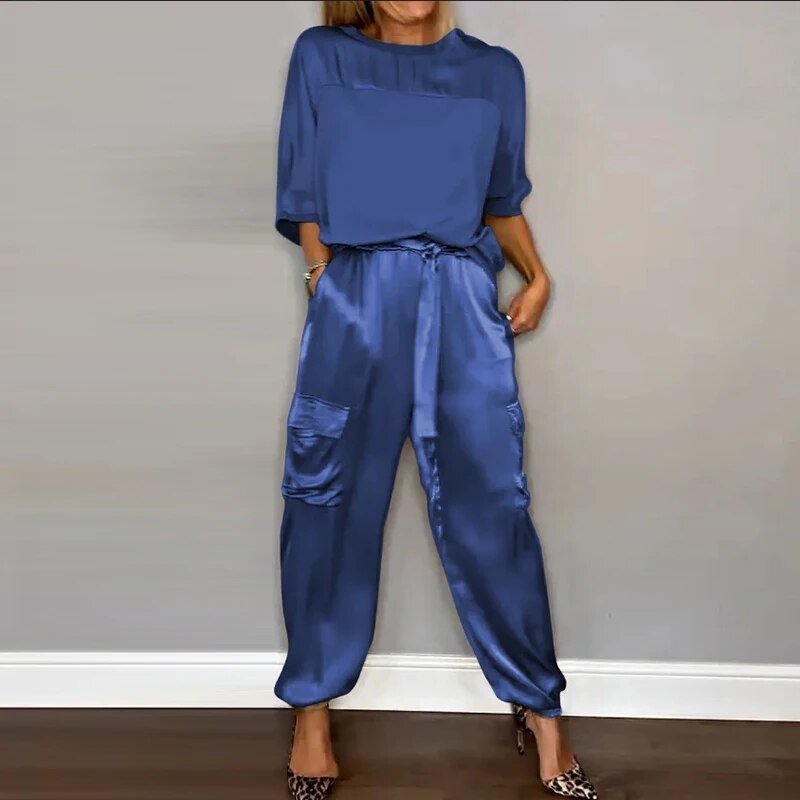 Charlotte Plus-Size Two-Piece Cargo Pants Set in Blue