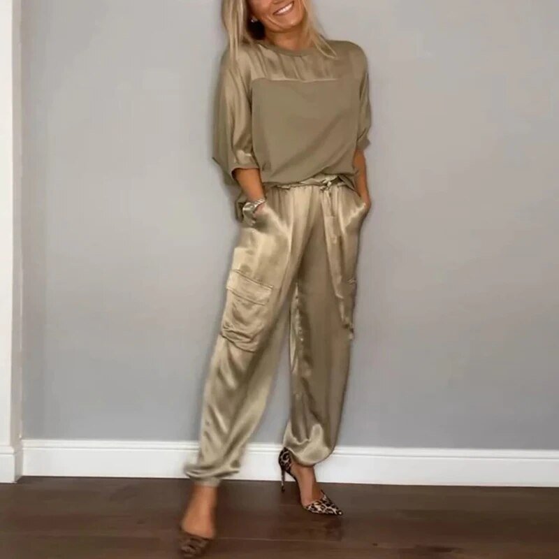 Charlotte Plus-Size Two-Piece Cargo Pants Set in Gold