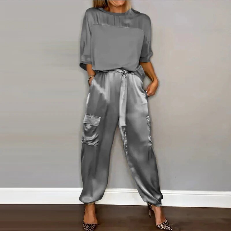 Charlotte Plus-Size Two-Piece Cargo Pants Set in Grey