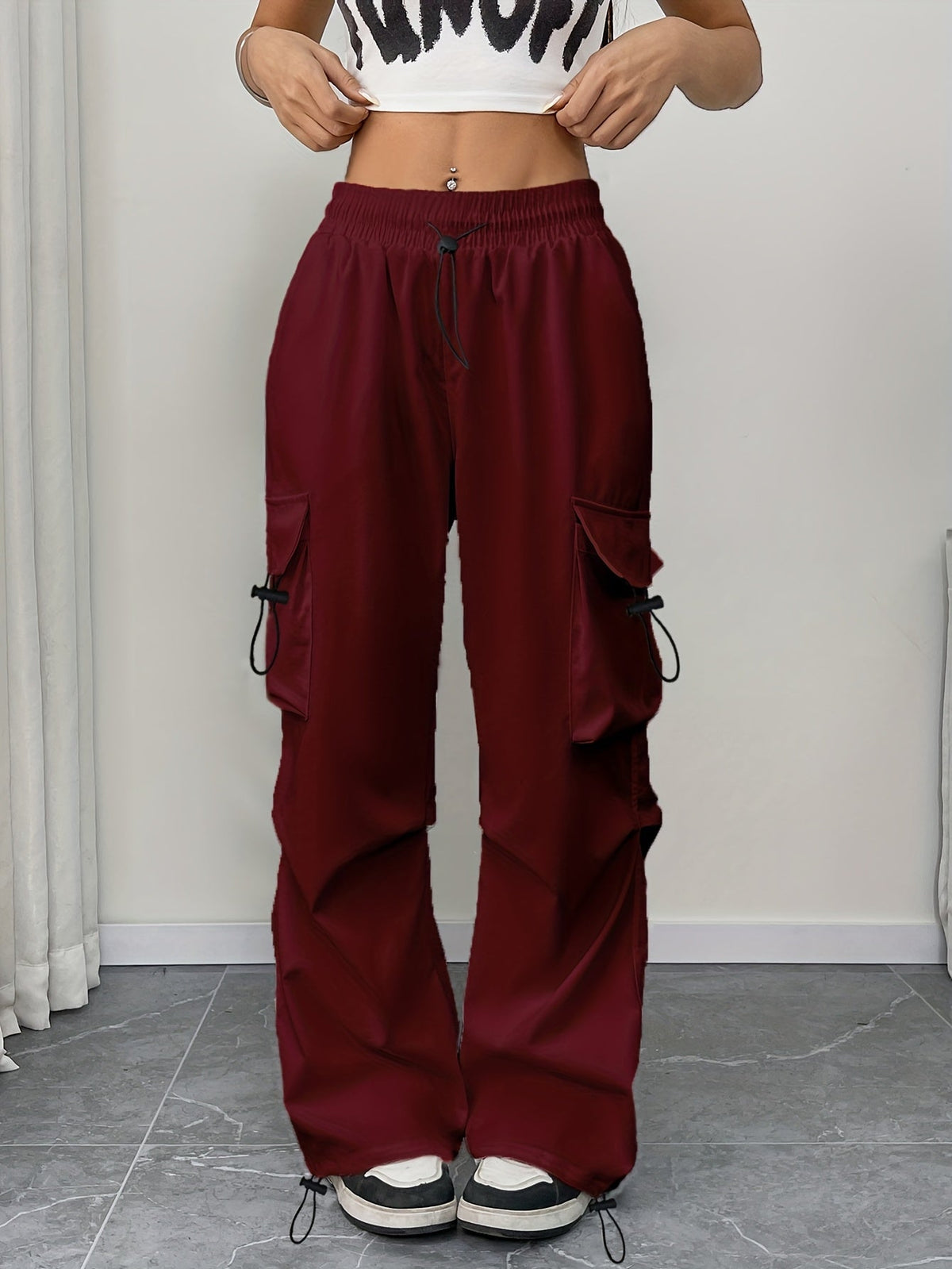 Chloe Wide-Leg Cargo Drawstring Pants in Burgundy