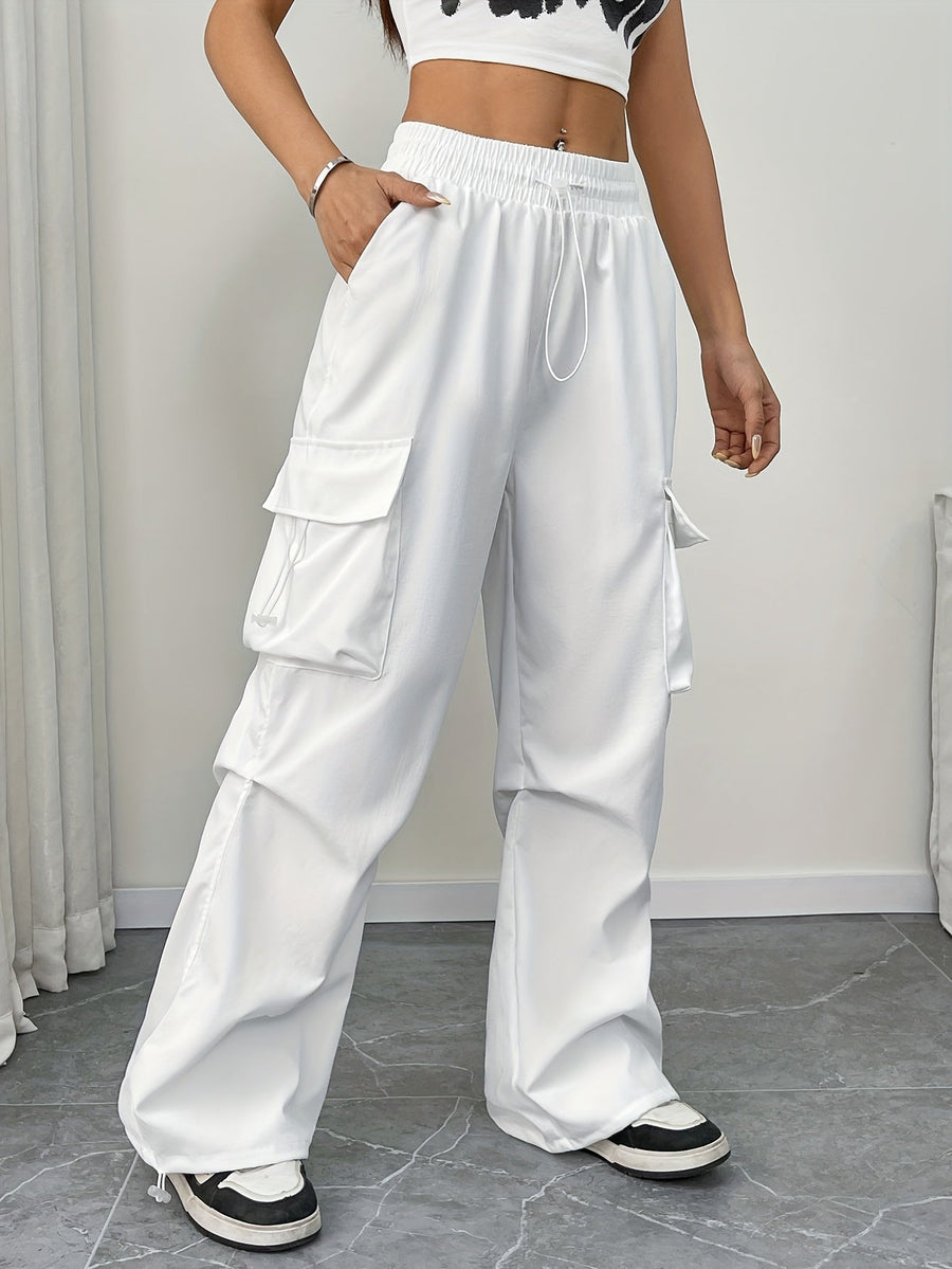 Chloe Wide-Leg Cargo Drawstring Pants in White