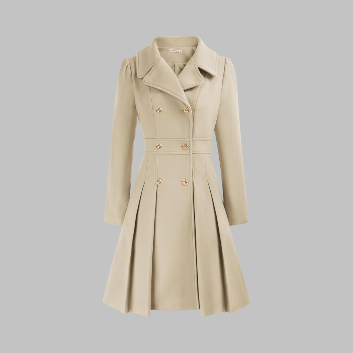 Dami Double-Button Long-Sleeve Coat in Beige