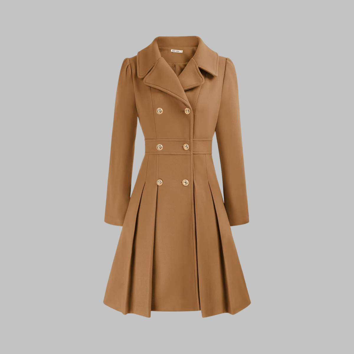 Dami Double-Button Long-Sleeve Coat in Camel