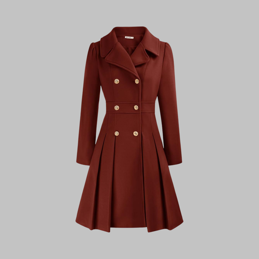 Dami Double-Button Long-Sleeve Coat in Deep Red