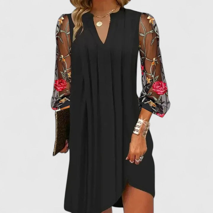 Donna V-Neck Sheer-Sleeve Mini Dress in Black