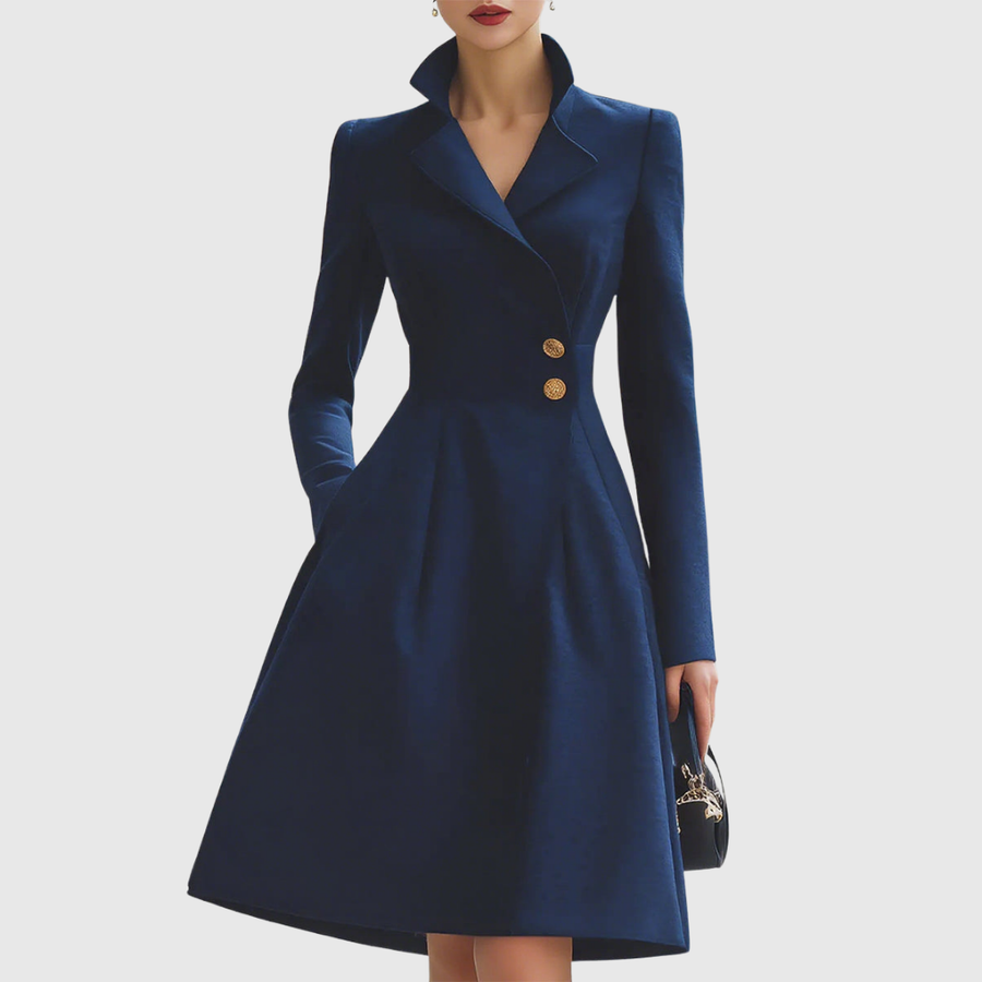 Eleanor Collared Button-Detail Coat Dress in Navy Blue