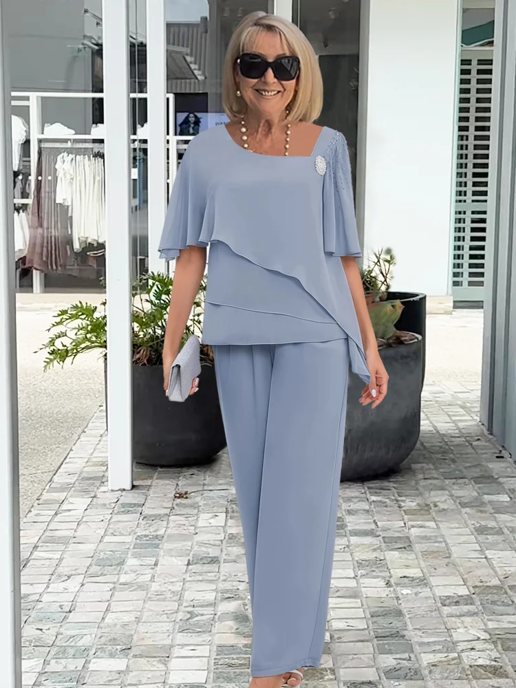 Elizabeth Draped-Top Two-Piece Pants Set in Light Blue