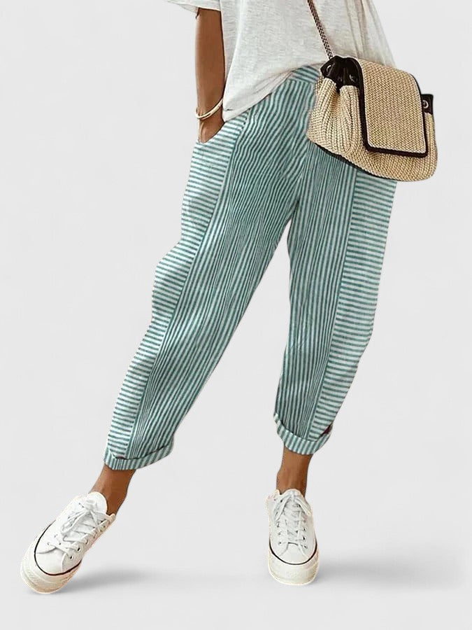 Elvira Stretch-Waistband Pants with Side Pockets in Green