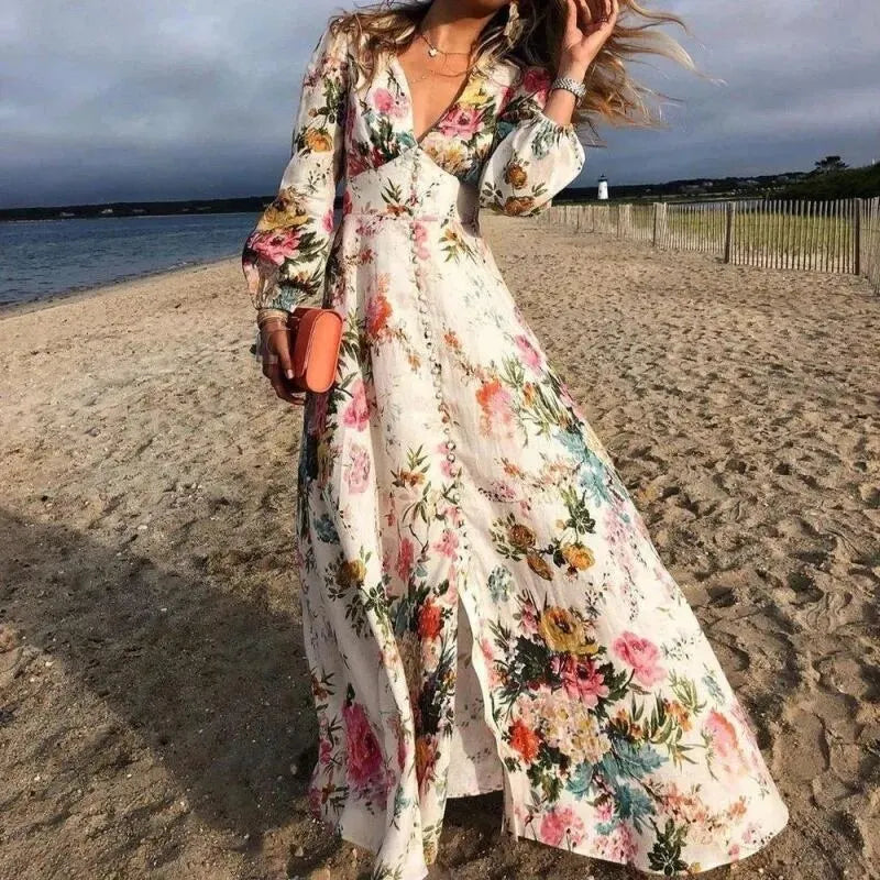 Evelyn Boho Floral Long Sleeve Maxi Dress in Multicolor