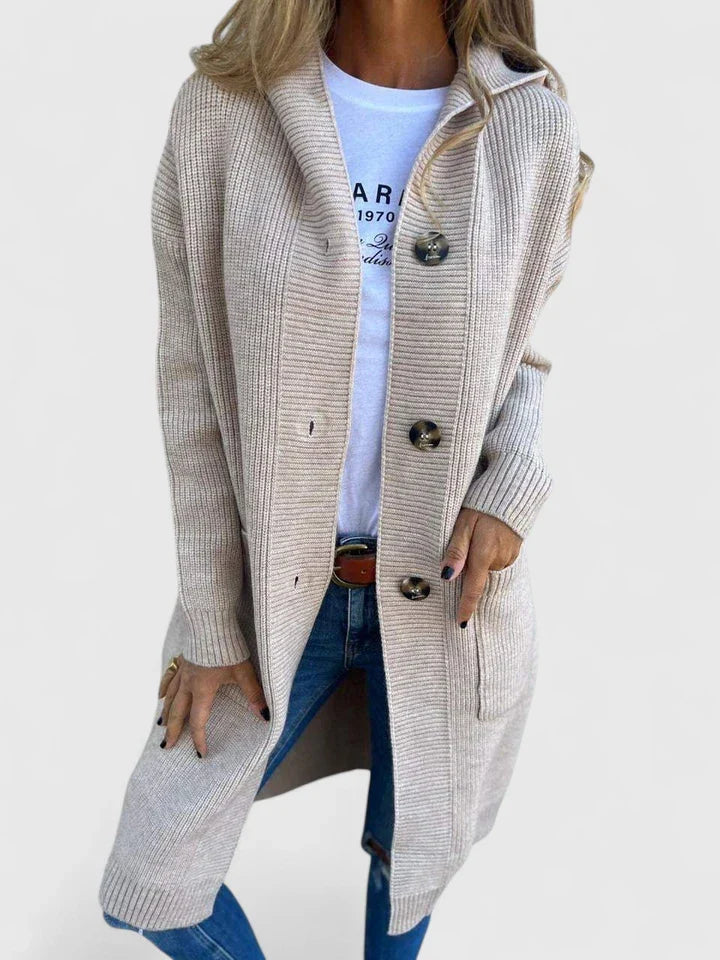 Giulyanrah Longline Button Cardigan in Beige