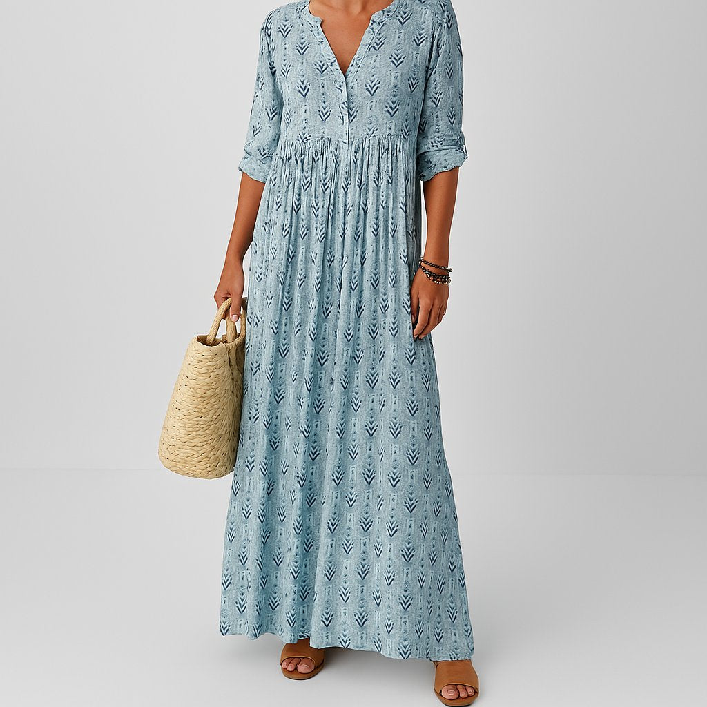 Harper Roll-Up Sleeve Printed Maxi Dress in Light Blue