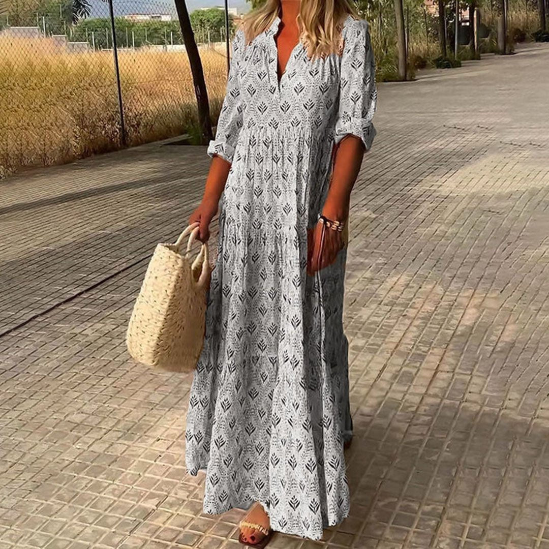 Harper Roll-Up Sleeve Printed Maxi Dress in Light Gray